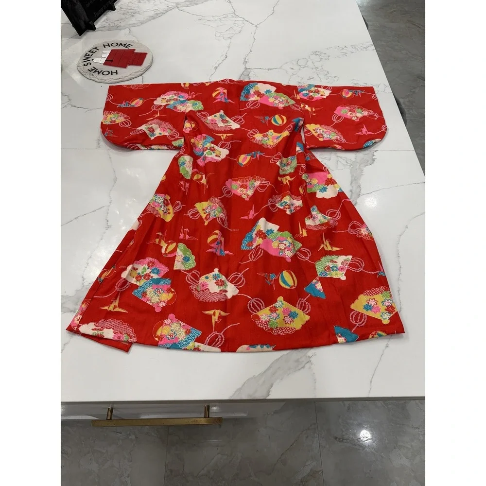 Kimono Kaftan Dress Girls 3-4 Years Red Floral V Neck Short Sleeve Japanese‎